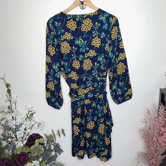 J. CREW Golden Floral Wrap Dress 365 Crepe Blue Yellow {PP39} - Picture 5 of 8